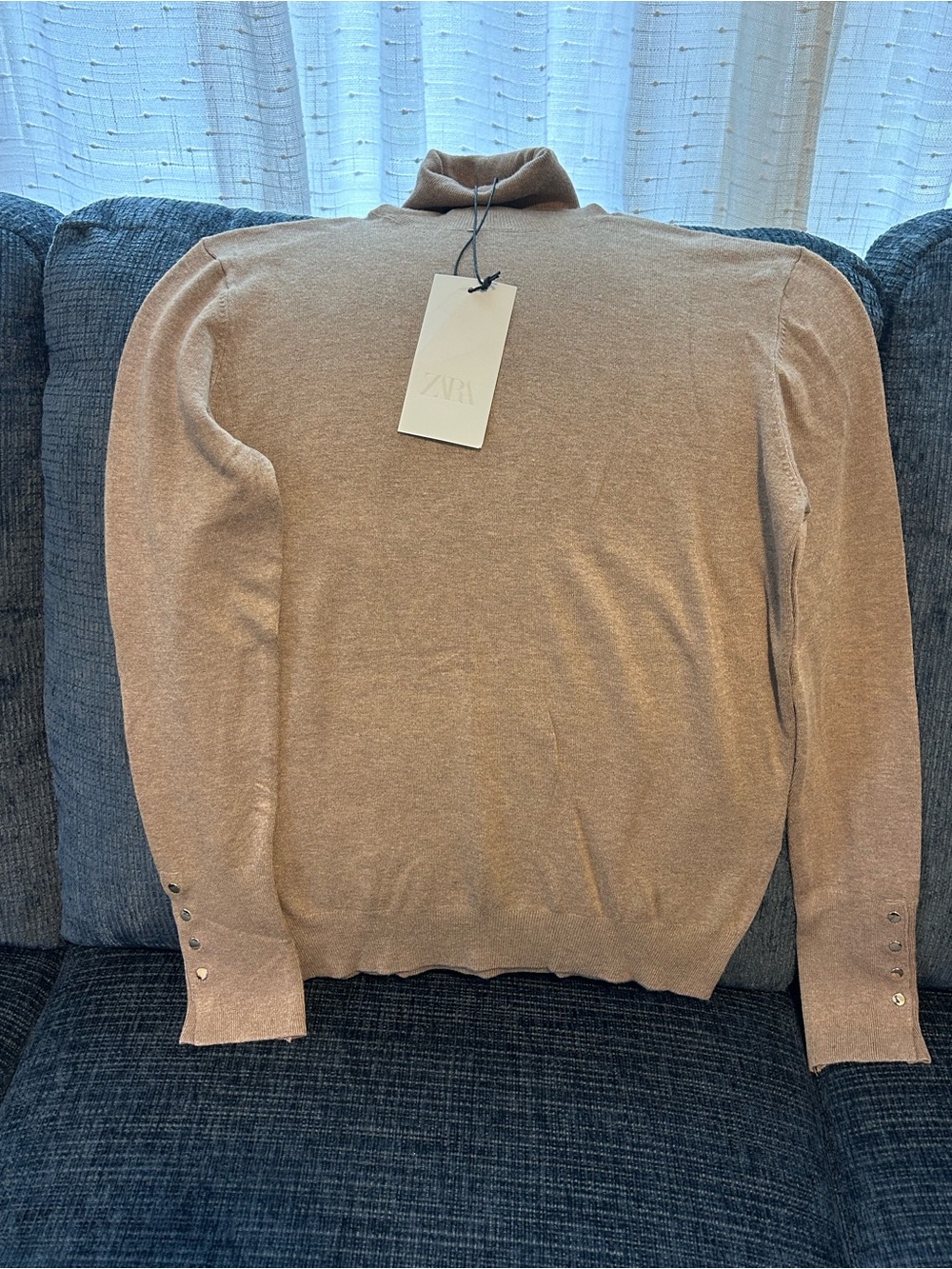 Zara Beige/Tan Turtleneck Sweater with Button Cuff Detail